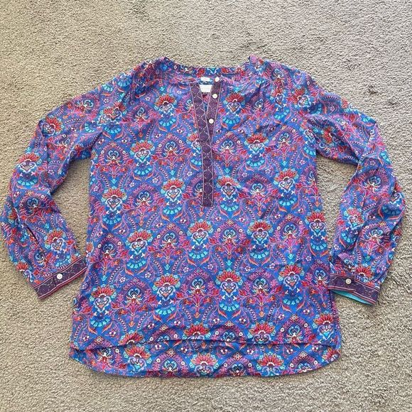 Loft The Softened Shirt Blouse Blue Floral Paisley Boho Henley Size XS - Picture 2 of 11